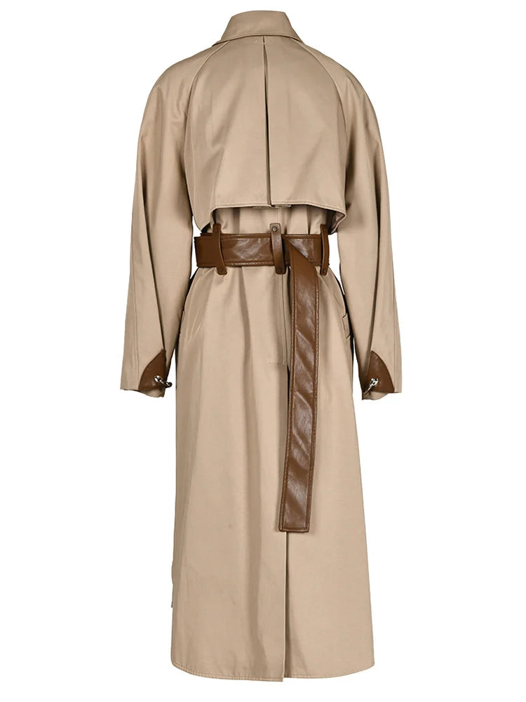 Camel Faux-Leather Spliced Trench Coat