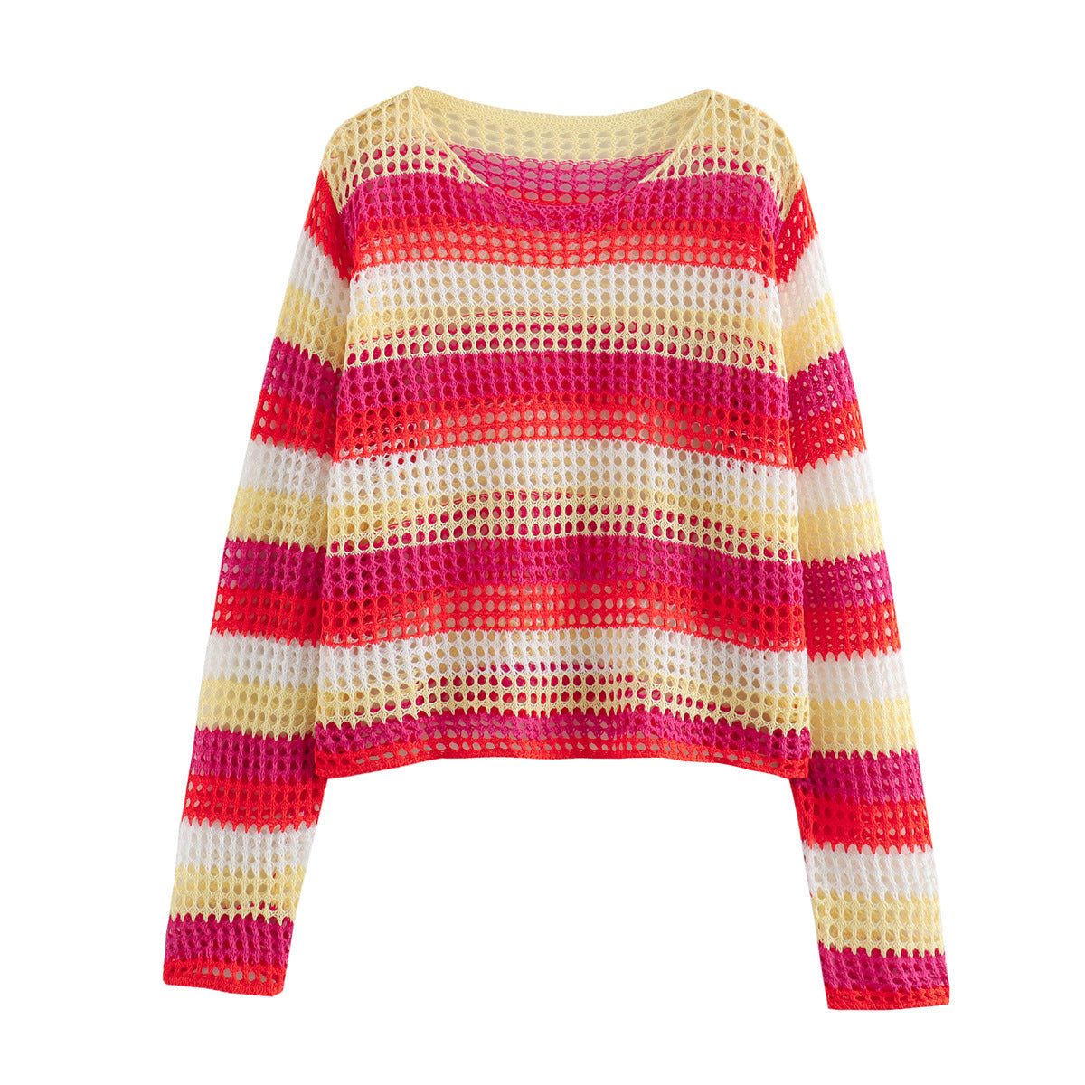 Casual Round Neck Hollowed Out Striped Loose Knit Sweater