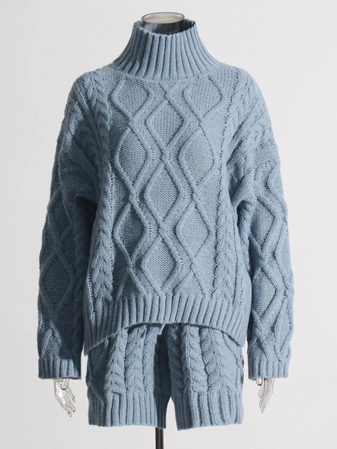 Turtleneck Sweater Tie-Waist Shorts Cableknit Set