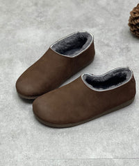 Coffee Boots Cowhide Leather Fuzzy Wool Lined Flat Boots