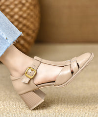 Brown Hollow Out Chunky Cowhide Leather Chic Splicing Sandals