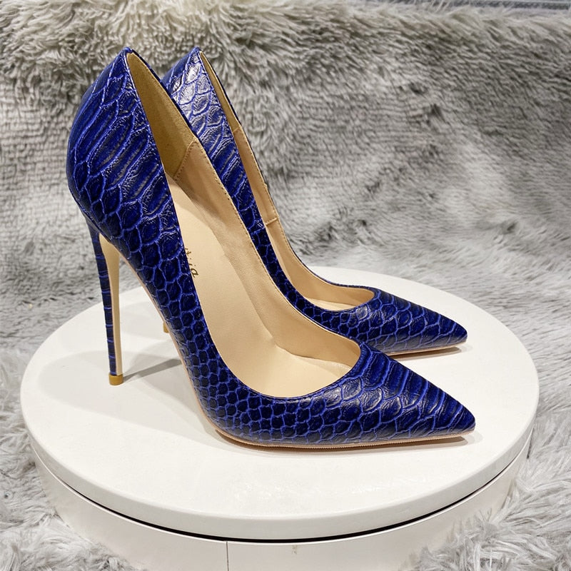 Navy Crocodile Pattern Pointed-Toe Pumps Shoes