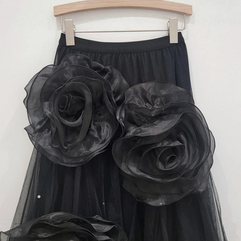Mesh Handmade 3D Flower High Elastic Waist Skirt