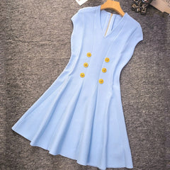 Six Buttons V-Neck High Waist Knit Dress