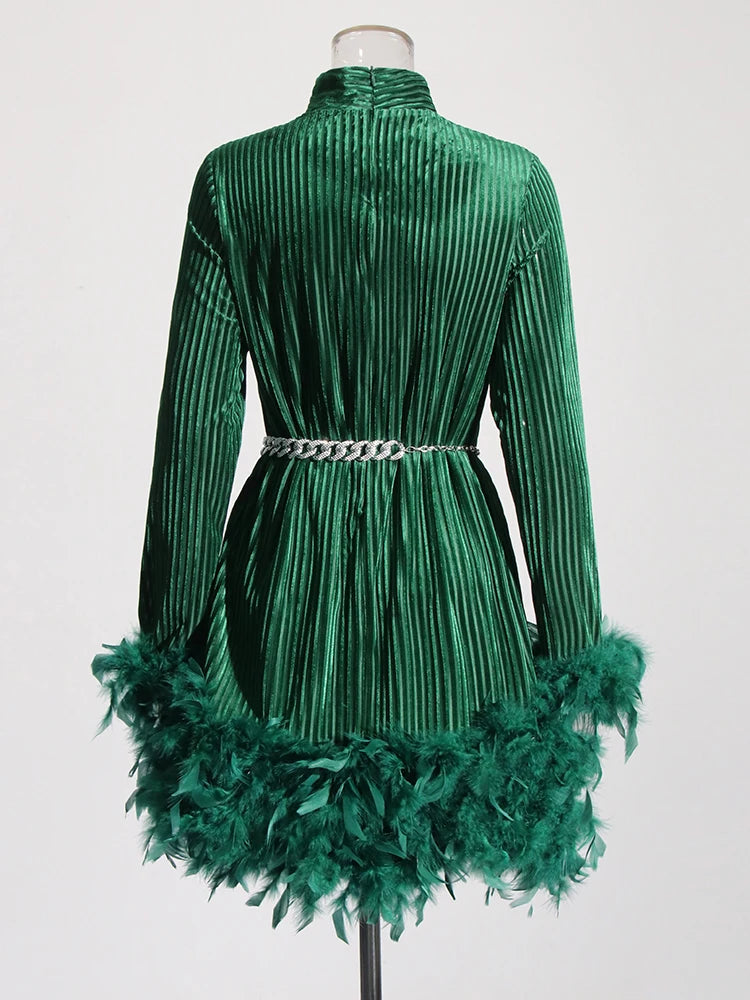 Solid Patchwork Feather Long Sleeve High Waist Dress