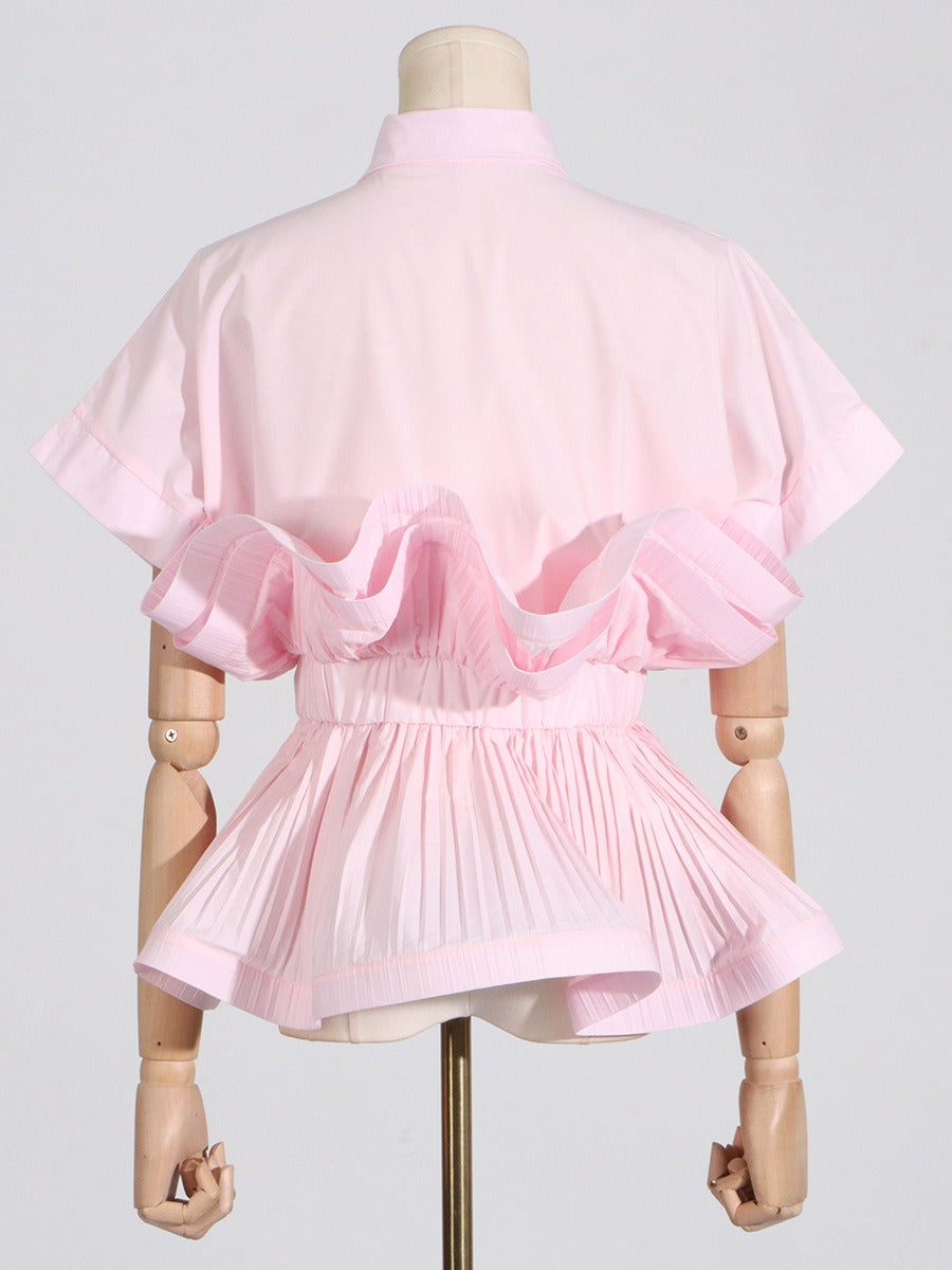 Ruffle Edge Patchwork Waist Cinching Short Sleeved Shirt