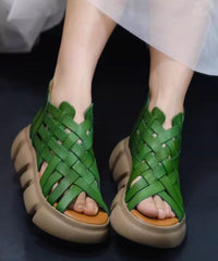 Cowhide Leather Splicing Green Hollow Out Sandals Peep Toe