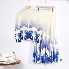 Contrast Floral Pleated Top+Skirt Set