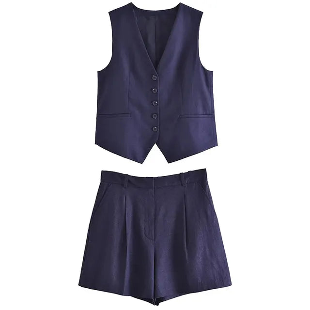 Solid Button Sleeveless Linen Vest + Shorts Set