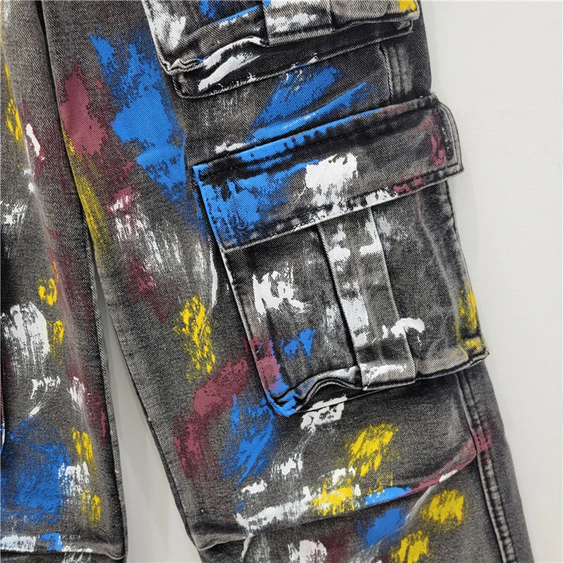 Spray Painted Graffiti Multi Pocket Cargo Jeans