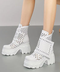 Fashion Hollow Out Chunky Boots Khaki Cowhide Leather