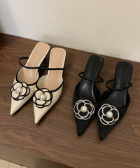French Black Floral Splicing Slide Sandals Pointed Toe