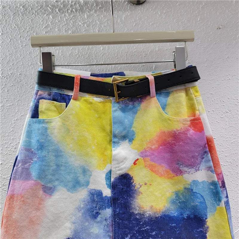 Tie Dye High Waist A-Line Denim Short Skirt