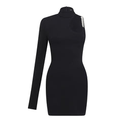 Stand Collar Single Shoulder Sleeve Hollow Slim Fit Dress