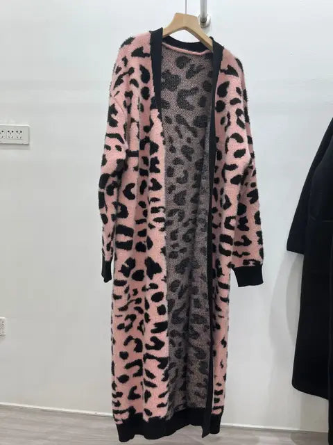 Animal Print Thick Long Loose Knit Cardigan