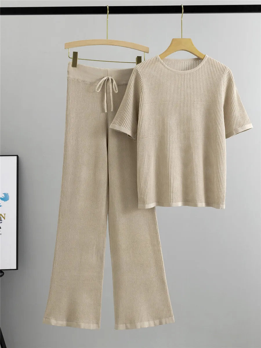Semi Transparent Loose Knit T-Shirt + Wide Leg Pants Set