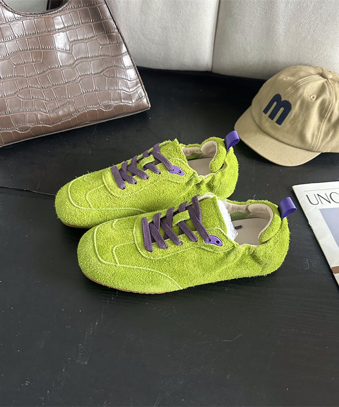 Boutique Green Lace Up Splicing Suede Flat Feet Shoes