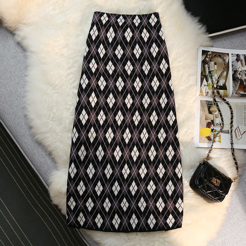 Vintage Rhombus Plaid Knitting Long Skirt