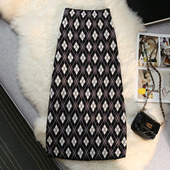 Vintage Rhombus Plaid Knitting Long Skirt
