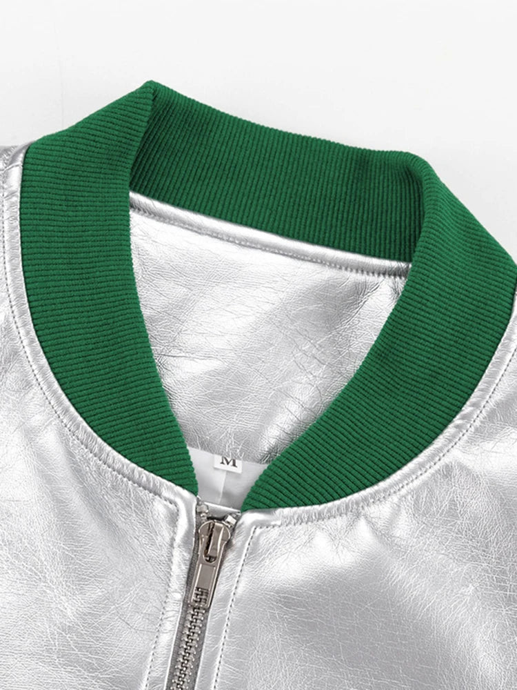Glossy Spliced Trims Zip-Up Collar