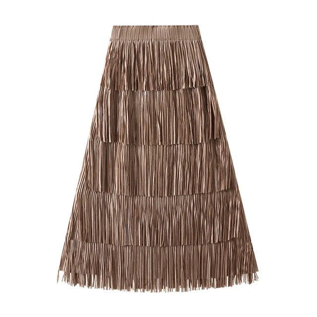 Fringe Stretch Waist Pleated Skirt