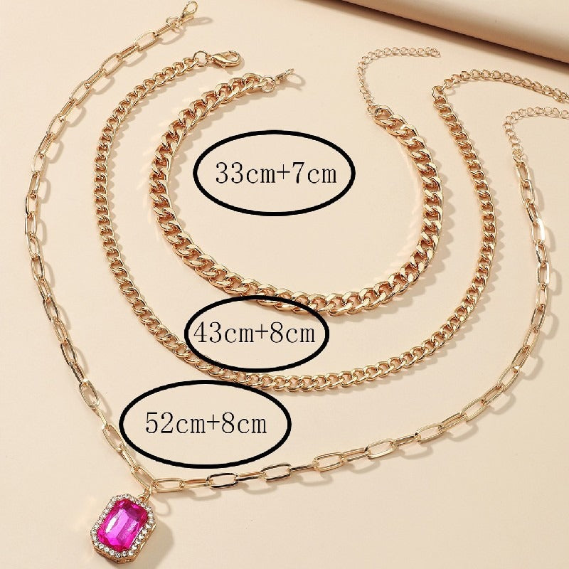 Diamond Inlaid Multi-Layer Square Pendant Three-Piece Necklace Set