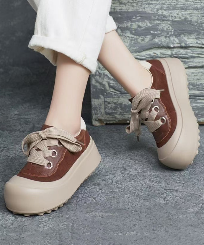 Casual Splicing Platform Flat Shoes Brown Cowhide Leather Lace Up