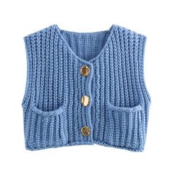 Pocket Sleeveless Knitted Cropped Vest