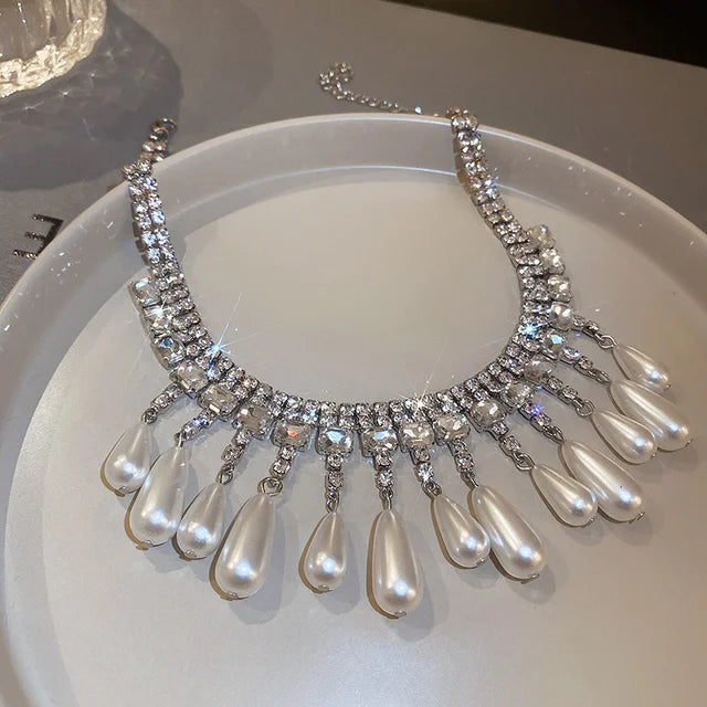 Water Drop Pearl Choker Rhinestone Necklace