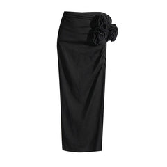 3D Flower Stitching High Waist Slit Skirt