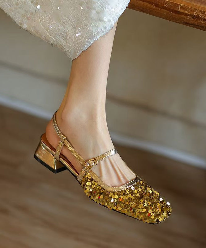 Fashion Gold Square Toe Chunky Heel Buckle Strap Sequins Sandals