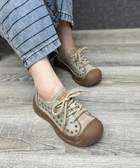 Beige Women Hollow Out Lace Up Splicing Platform Flat Feet Shoes