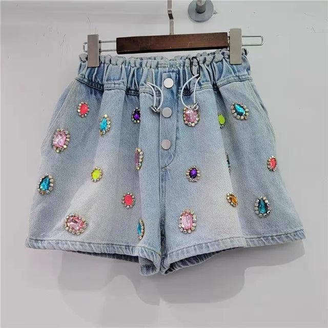 Gemstone High Waist Denim Short Pants