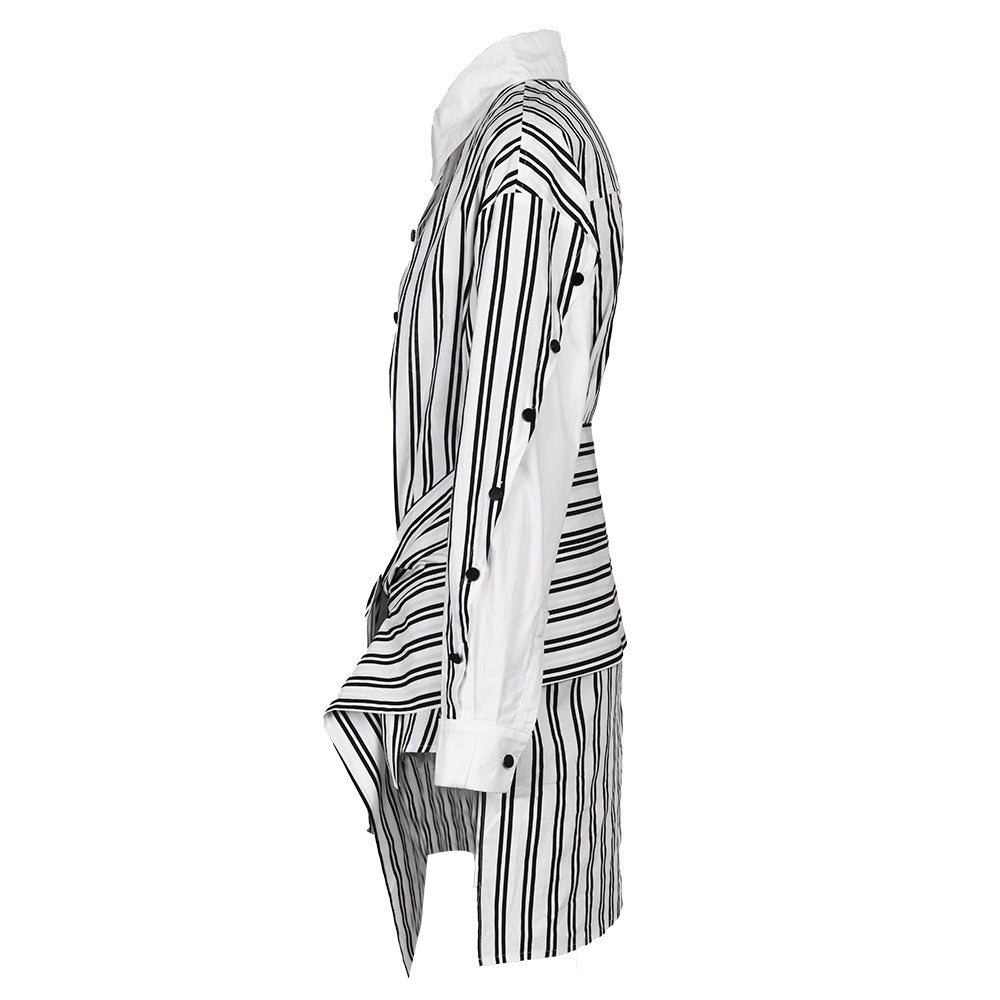 Striped Waist Strap Mid Length Shirt