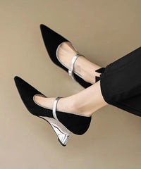 Black Wedge Heels Shoes Suede Fitted Splicing Buckle Strap