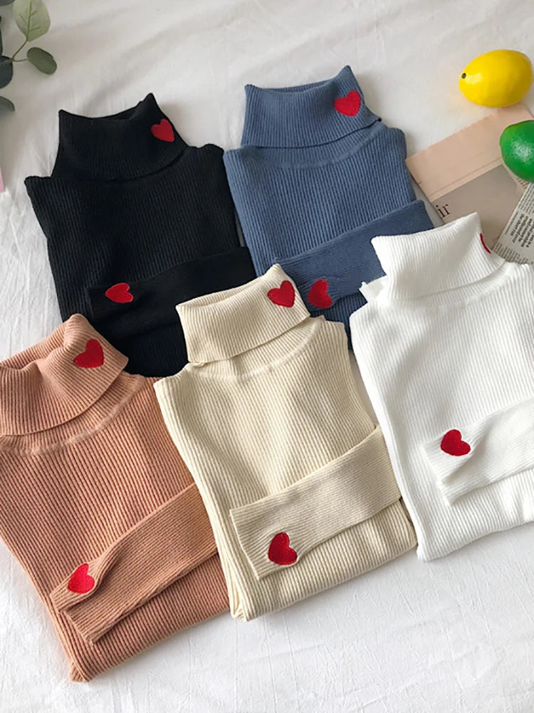 Hearts Turtleneck Ribbed Knitted Sweater