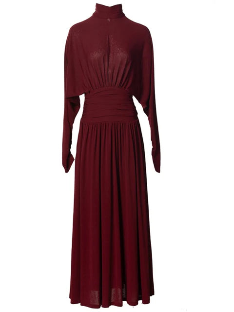 Turtleneck Waist Wrap Batwing Sleeve Maxi Dress