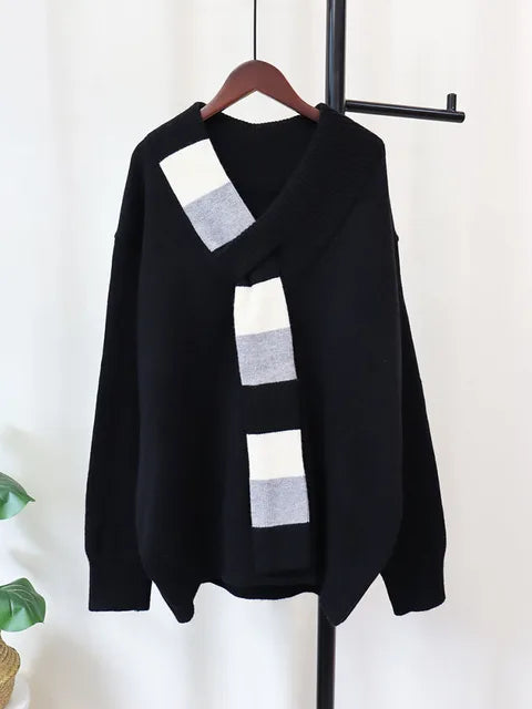 Mock Contrast Scarf Knitted Sweater