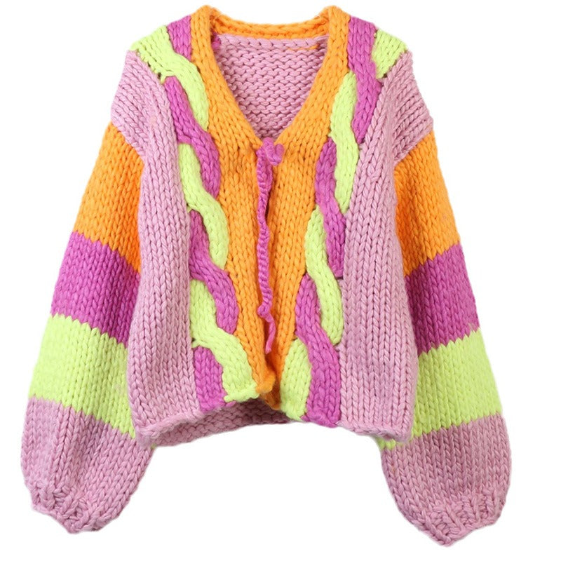 Colorful Long Sleeved V-Neck Loose Knit Cardigan