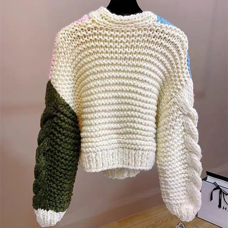 Color Block Rod Needle Knitted 3D Hook Flower Cardigan