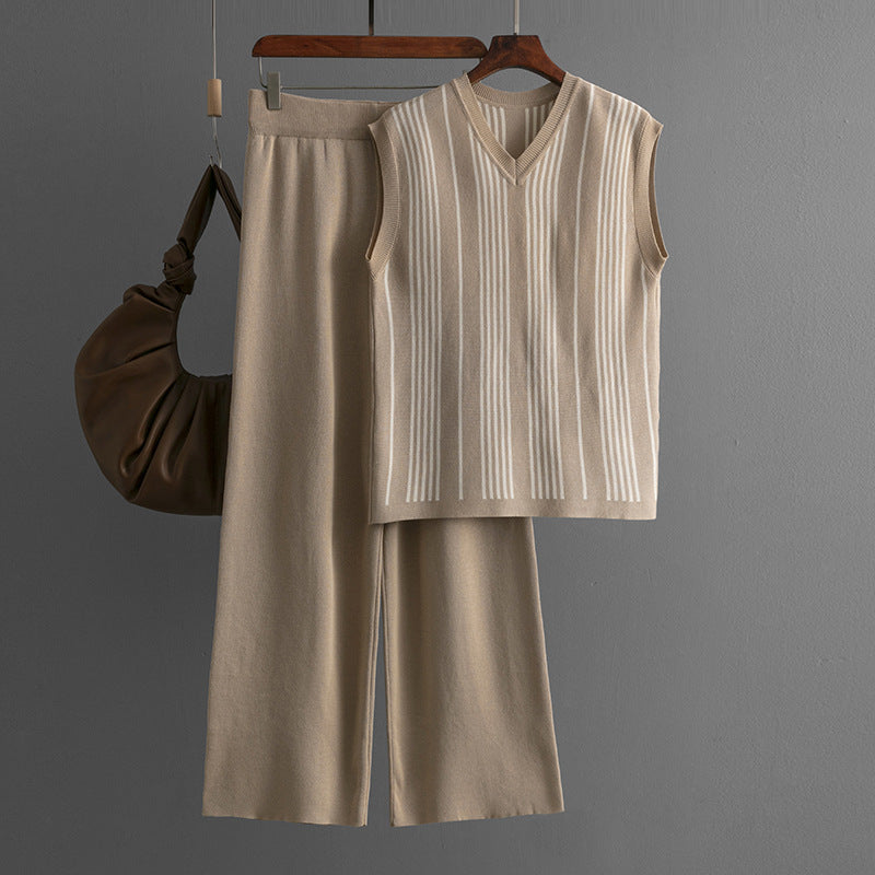 Striped V-Neck Vest Wide Leg Pants Knitted Set