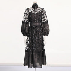 Stand Collar Puff Sleeves 3D Floral Mesh Dress