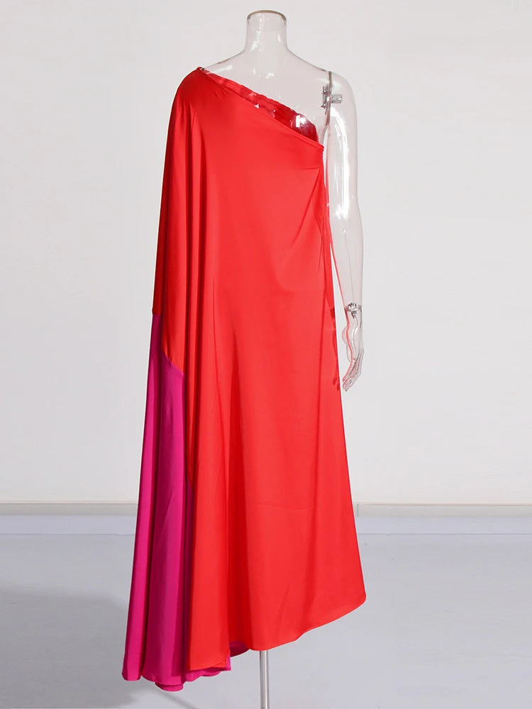 Color Block Diagonal Shoulder Loose Large Hem Maxi Dress