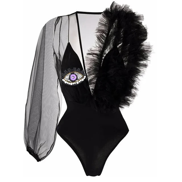 One Eye Mesh Sleeve Faux Fur Shoulder Swimsuit