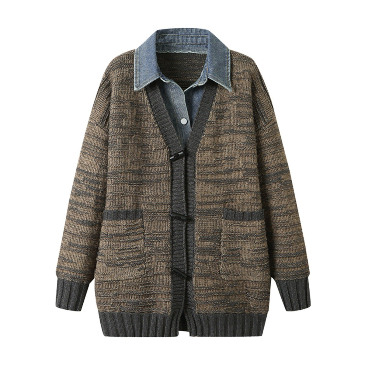 Brown Knitted Patchwork Denim Cardigan Sweater