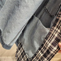 Irregular Spliced Plaid Loose Fit Denim Jacket