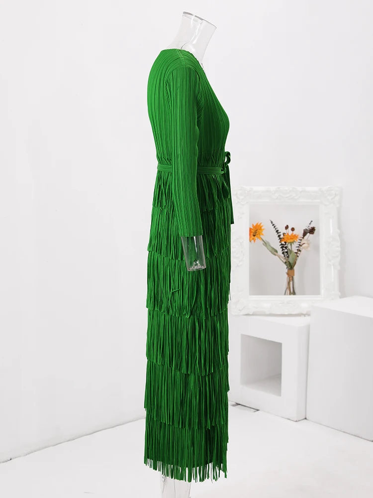 Solid Pleated Fringe Dress