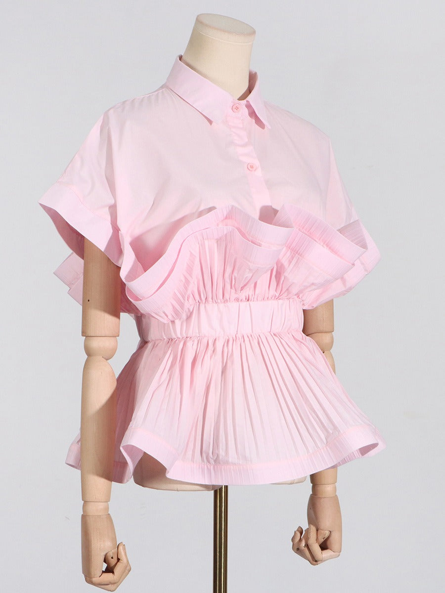 Ruffle Edge Patchwork Waist Cinching Short Sleeved Shirt