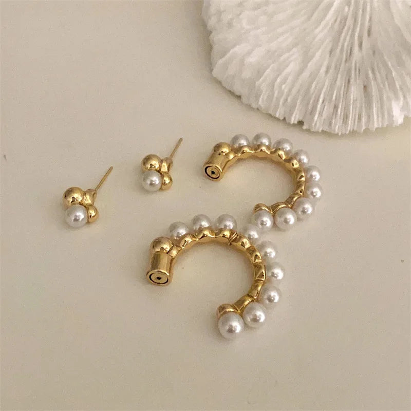 C-Shaped Metal Pearl Stud Earrings