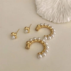 C-Shaped Metal Pearl Stud Earrings